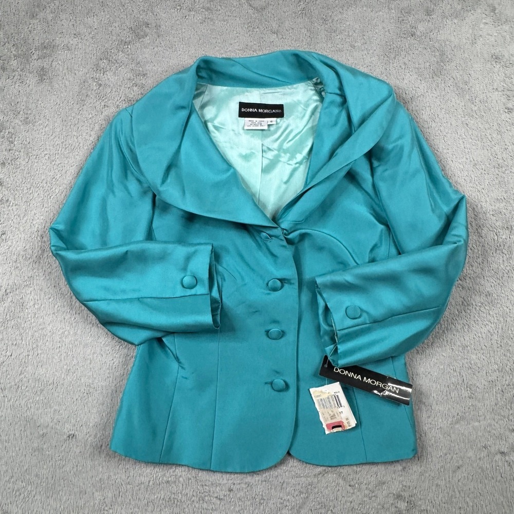 NWT Donna Morgan Aqua 100% Silk Shawl Collar Evening Blazer Jacket Womens 6